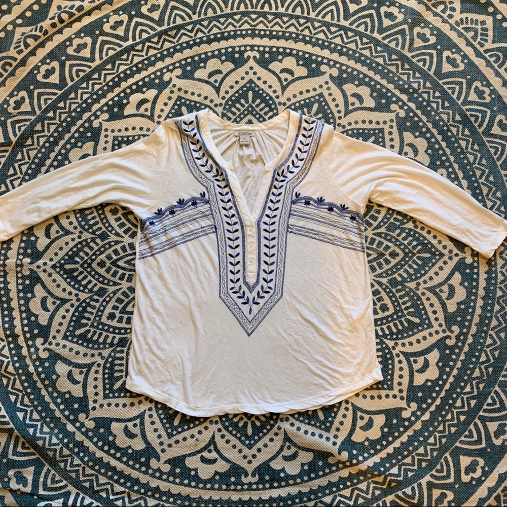 Lucky Brand Embroidered Floral 3/4 Sleeve Top